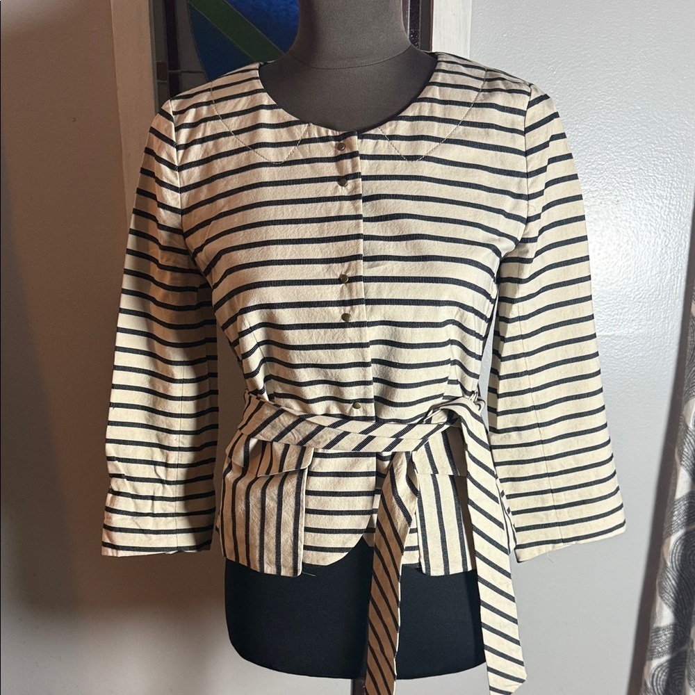 J Crew Nautical Cotton Blend Cream & Navy Striped Belted Jacket Blazer SZ 2
